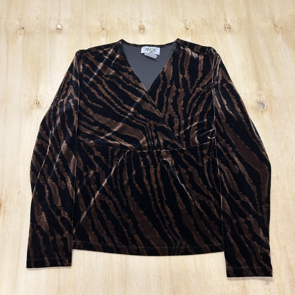 Y2K Brown Animal Print Velvet V Neck Top Maycene Blouse Womens Large Long Sleeve